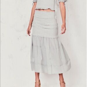 Loveshackfancy Tiered Ruffle Ruched Iva Midi Skirt in Sage Green White Polka Dot